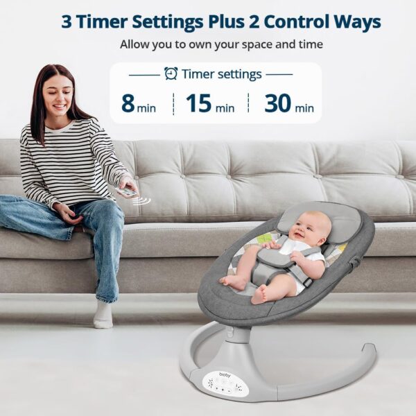 ASIN. Bioby Hamaca Bebe Electrica, Mecedora Bebe con Arnés de 5 Puntos, 5 Amplitudes de Balanceo, con Bluetooth, Mando a Distancia, Columpio Bebe Balancin Ligero para Bebés de 2 a 9 kg, 0-10 Meses . - Image 3