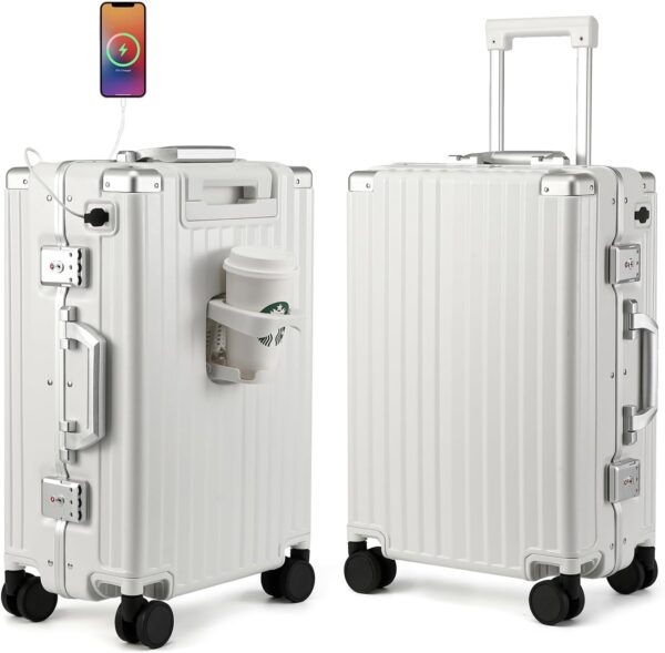 veliz de transporte con ruedas giratorias, veliz de transporte con marco de aluminio con bloqueo TAS, maletas rígidas con soporte para vasos y puerto USB, Blanco (Milky White), 50.8 cm.