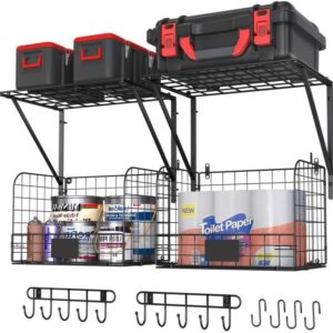ThreeHio. Paquete de 2 estantes de cochera montados en la pared con cestas de almacenamiento de alambre, estantería de pared de cochera resistente con ganchos, estantes flotantes de madera.