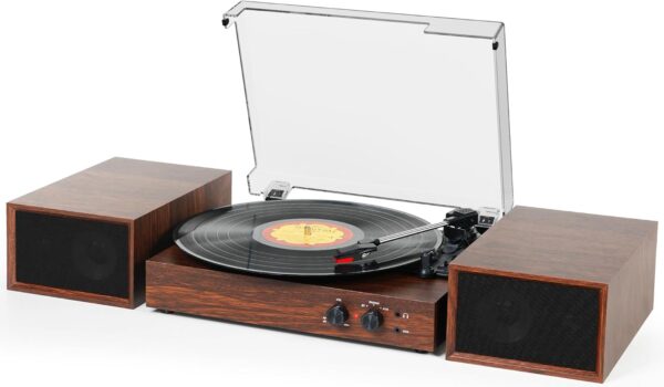 Reproductor de discos para vinilo con altavoces externos, Bluetooth 3 velocidades clásico impulsado por correa 33 45 78 RPM con altavoces estéreo, grabación de PC MP4, salida de línea RCA.