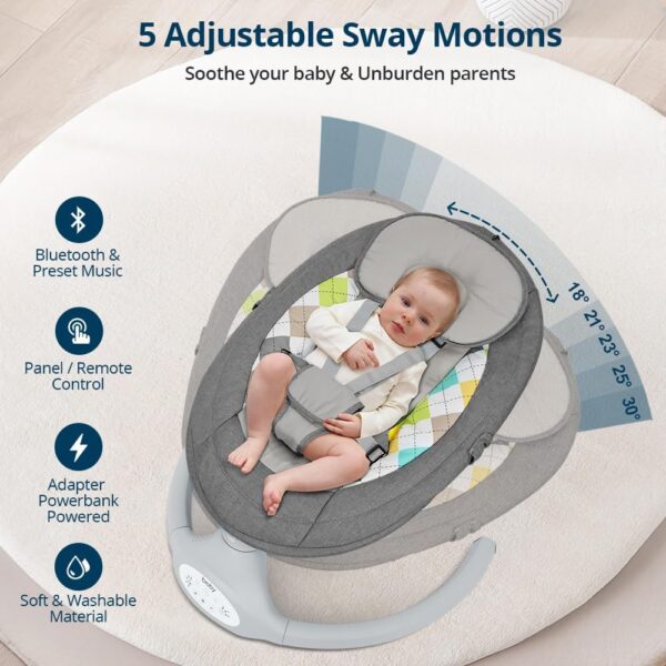 ASIN. Bioby Hamaca Bebe Electrica, Mecedora Bebe con Arnés de 5 Puntos, 5 Amplitudes de Balanceo, con Bluetooth, Mando a Distancia, Columpio Bebe Balancin Ligero para Bebés de 2 a 9 kg, 0-10 Meses . - Image 2