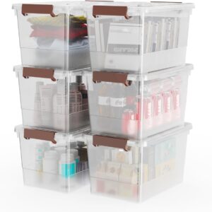 WYT. Paquete de 6 contenedores de almacenamiento de plástico transparente de 17 cuartos con tapa y hebillas de cierre, caja organizadora apilable con asa.