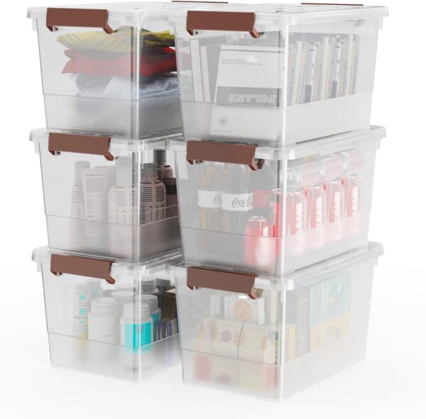 Paquete de 6 contenedores de almacenamiento de plástico transparente de 17 cuartos con tapa y hebillas de cierre, caja organizadora apilable con asa.