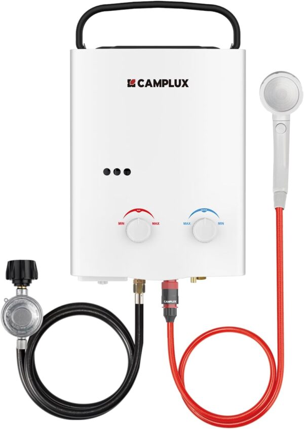 Calentador portátil de agua para exteriores sin tanque de propano Camplux 5L 1.32 GPM.