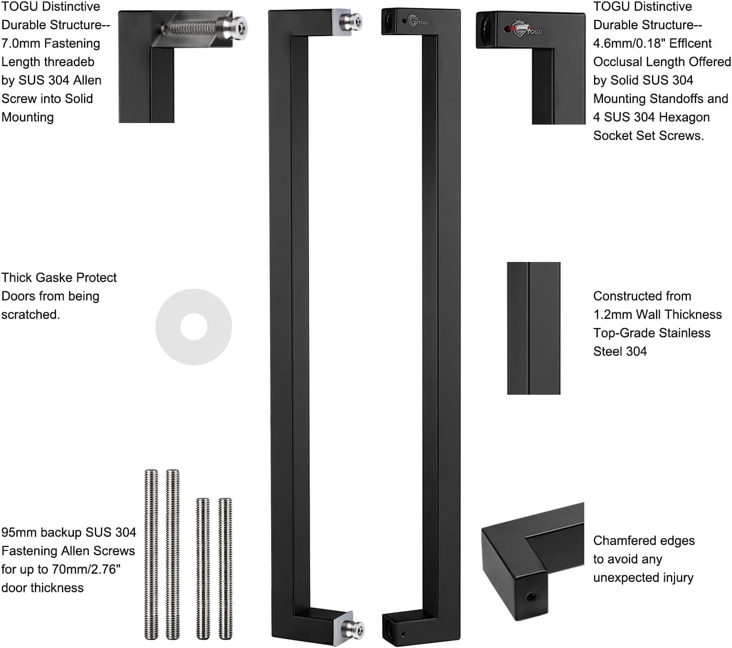 TOGU. TG-R3825. - Tiradores sólidos de 900 mm, resistentes SUS 304 de acero inoxidable, forma cuadrada/rectangular, para puerta de granero, tiradores de vidrio, acabado negro mate - Image 3