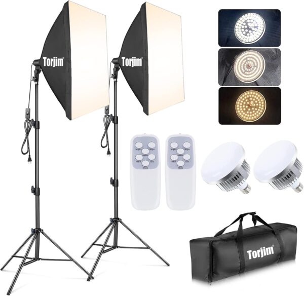 Torjim - Kit de iluminación para fotografía de Softbox, iluminación profesional de estudio fotográfico con caja blanda de 2 x 27 pulgadas | 2 bombillas LED E26 de 85 W 3000-7500 K, kit de iluminación continua para grabación de video (ST-10877)