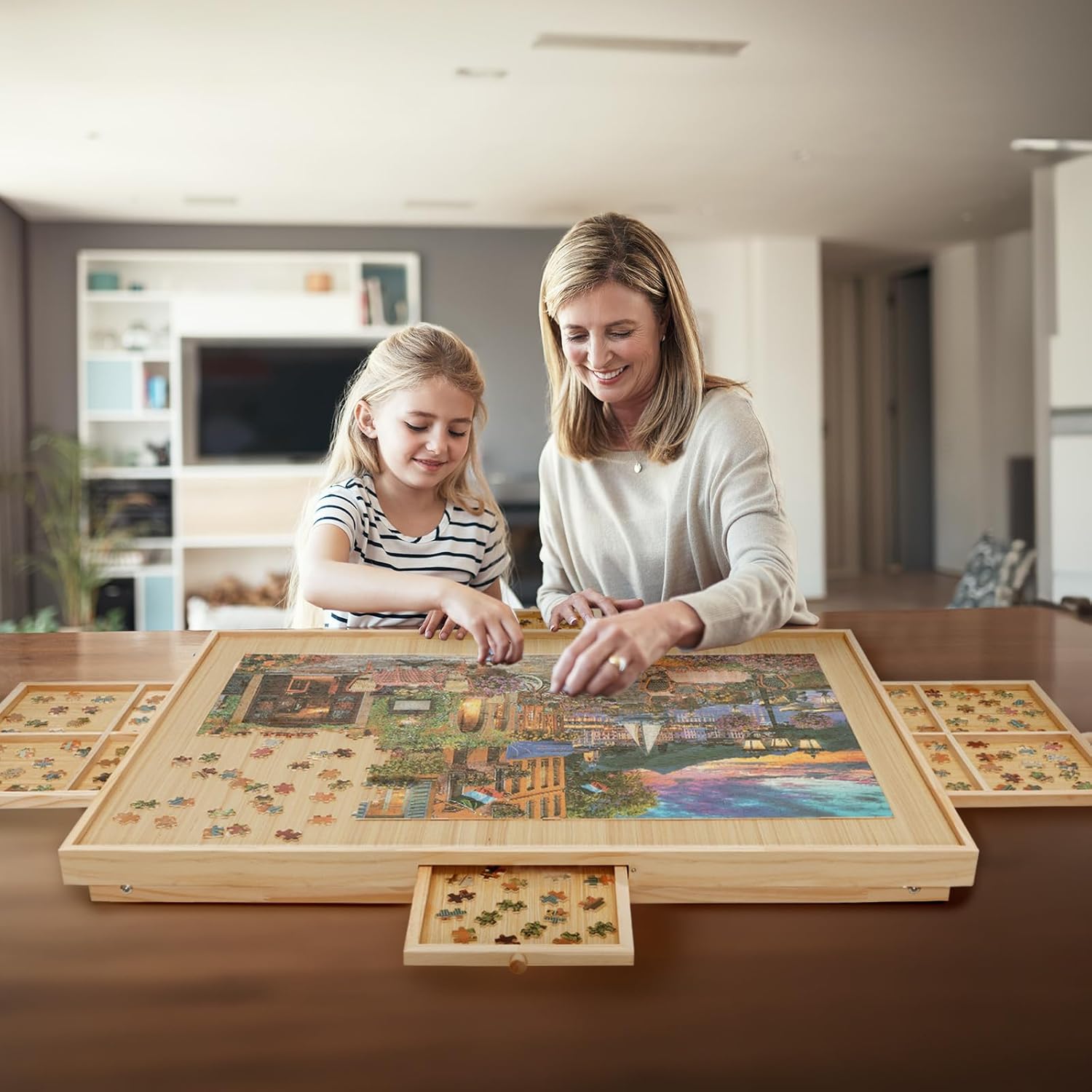 HALLYBEE - Mesa de rompecabezas de madera con patas de 1500 piezas, tablero de rompecabezas de 34.5 x 26.5 pulgadas, con 4 cajones y cubierta, mesa de rompecabezas plegable para adultos natural. - Image 2