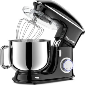 HOWORK - Batidora de pie de 8,5 cuartos de galón, cabezal de inclinación de 660 W y 6 P, mezclador eléctrico de cocina con gancho para masa, batidor, látigo de alambre y escudo de vertido.