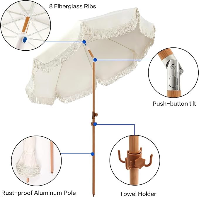 Paraguas De Patio 2.1 Metros Con Flecos Upf50, Madera Y Acer - Image 2