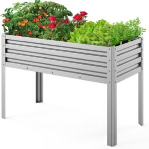 mestyl - Cama de jardín galvanizada para exteriores, para verduras, flores, hierbas, maceta de metal elevada con patas, caja de jardín de metal para jardinería, patio trasero, fácil montaje, 48 pulgadas de largo x 24 pulgadas de ancho x 32 pulgadas de alto, color plateado.