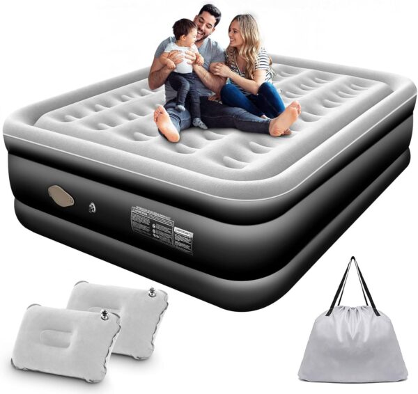 Colchón de Aire Queen con Bomba de Aire Eléctrica Recargable Incorporada, 2 Almohada Inflable, Diseño Hermético con Inflado y Desinflado Rápido Automático, Cama Inflable para Hogar y Camping.