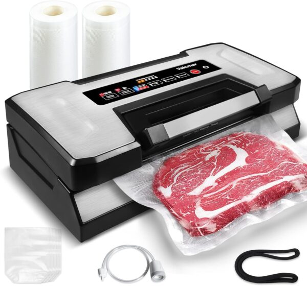 Vakumar. Máquina selladora al aspiradora, 90 Kpa selladora al aspiradora de alimentos, modos secos/húmedos/líquidos, luz indicadora LED, diseño bloqueado, cortador integrado y almacenamiento de bolsas, kit de iniciación.