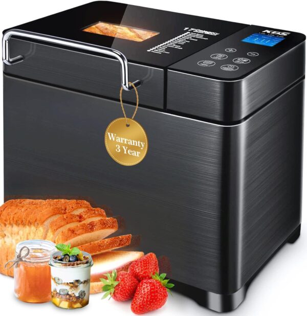 KBS Máquina de pan 17 en 1, calentadores duales, máquina de acero inoxidable de 710 W con sin gluten, máquina de masa, mermelada, yogur PROG, dispensador automático de tuercas, sartén de cerámica.