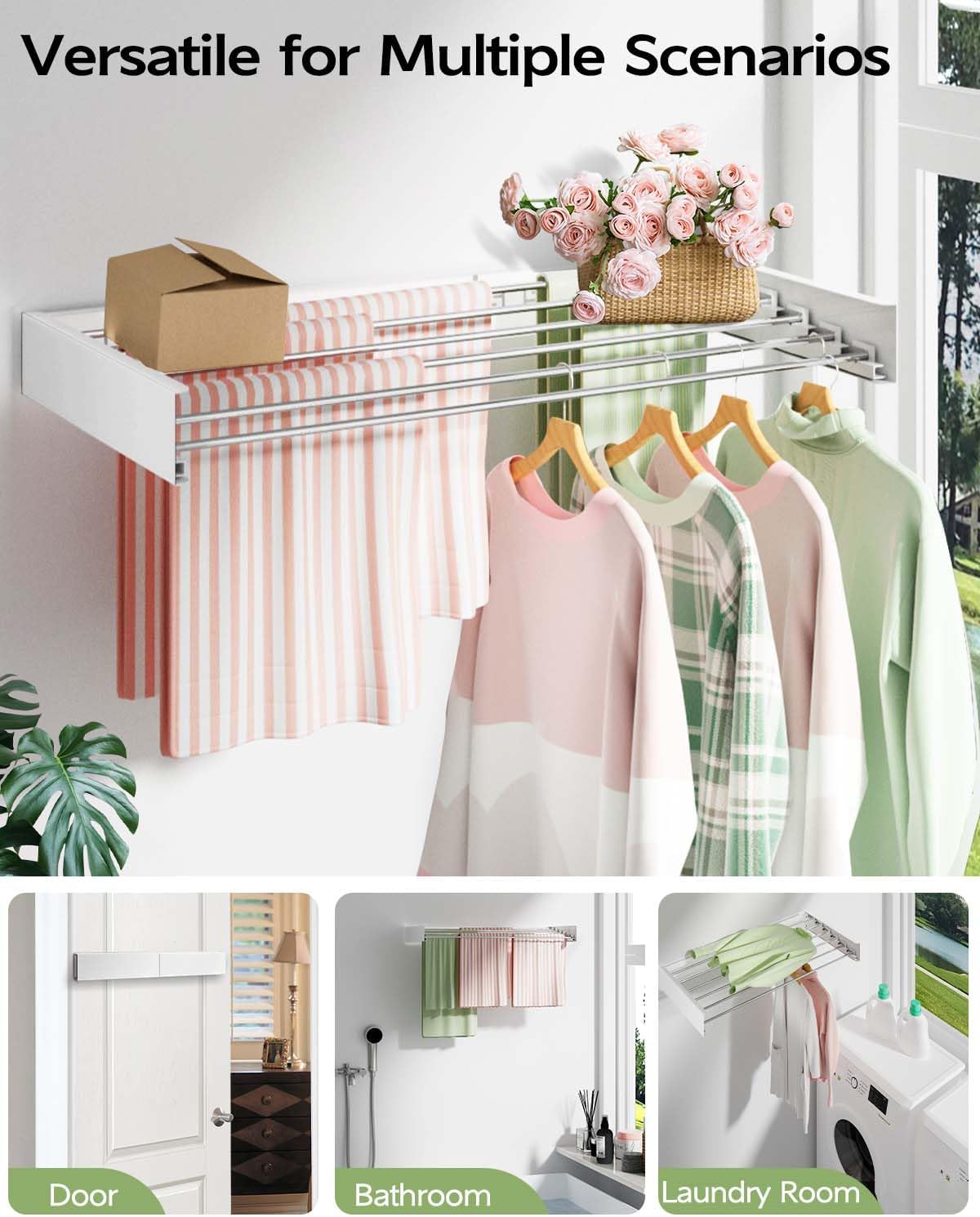 Vikaqi - Estante de secado para ropa de pared de 40 pulgadas, plegable, para colgar en la pared, plegable, para secar ropa, plegable, ahorro de espacio oculto con plantilla de pared, 6 varillas. - Image 3