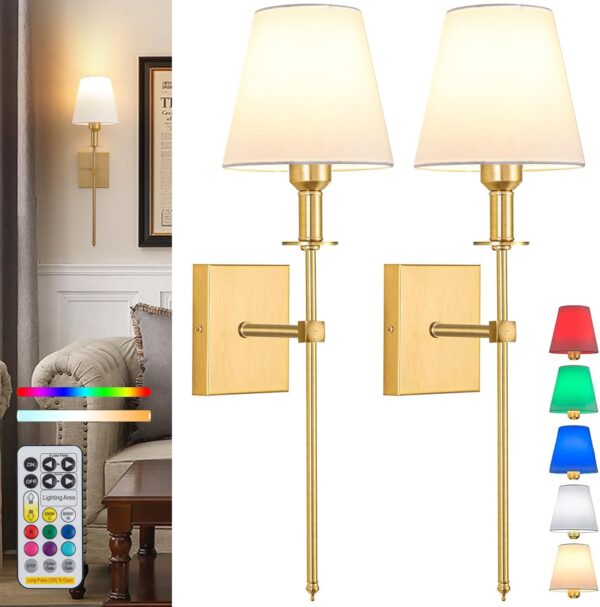 Juego de 2 apliques de pared que funcionan con pilas, para interiores no cableados, apliques de pared inalámbricos recargables con control remoto regulable, para recámara, granja (color: dorado).