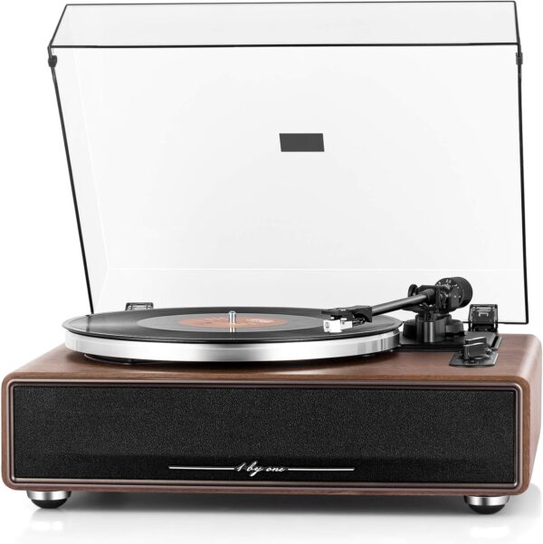1 por ONE Tocadiscos de transmisión por correa de alta fidelidad con altavoces integrados, reproductor de discos de vinilo con cartucho magnético, reproducción Bluetooth y funcionalidad de entrada auxiliar, apagado automático.