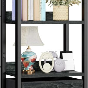 Furologee. Estantería de 4 niveles con cajón, pequeña estantería estrecha, estantería de madera y metal, estante de almacenamiento industrial para recámara, sala de estar, entrada, color negro.