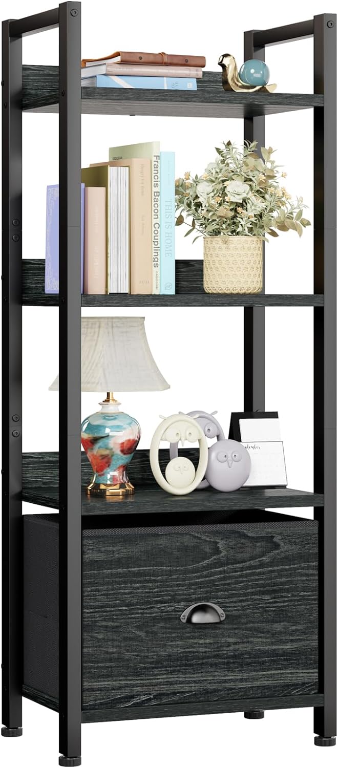 Furologee. Estantería de 4 niveles con cajón, pequeña estantería estrecha, estantería de madera y metal, estante de almacenamiento industrial para recámara, sala de estar, entrada, color negro.