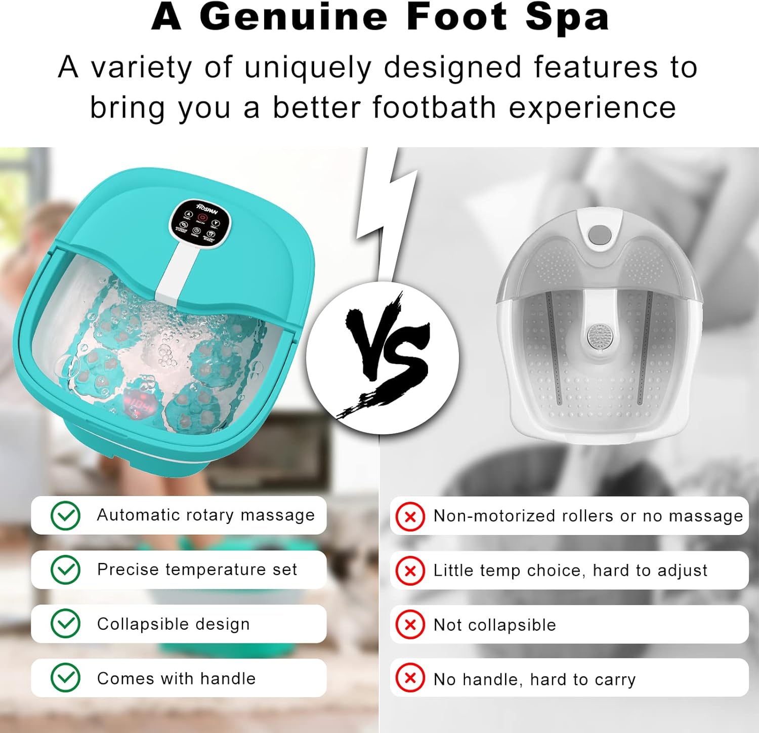 HOSPAN. Spa de pies plegable con calor, burbujas, luz roja y control de temperatura, masajeador de baño de pies con 8 rodillos de masaje Shiatsu, spa de pies de pedicura para relajación - FS01A. - Image 2