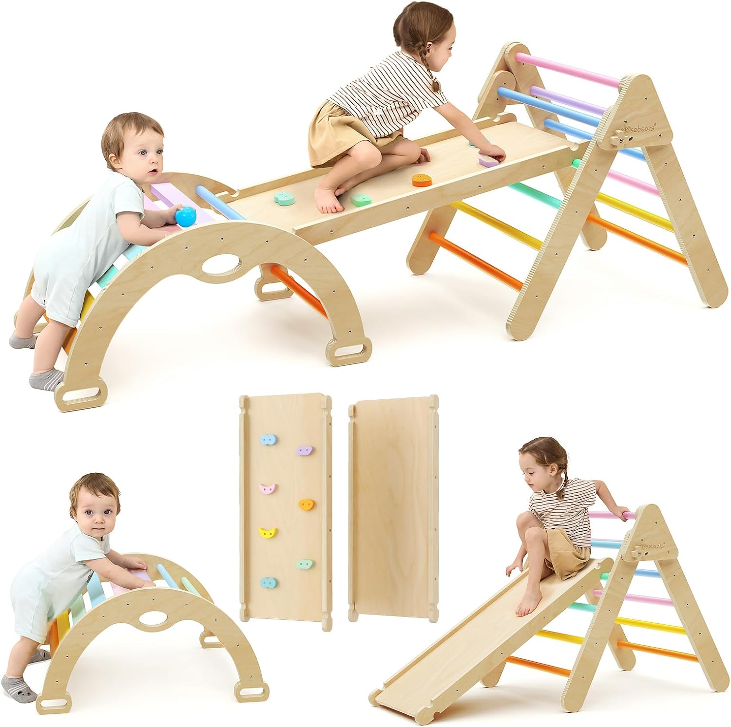 Mosebears. Triángulo de Escalada de Madera para Niños, Juego de Escalada con Triángulo/Arco/Rampa para Deslizarse o Escalar, Set de Escalada Montessori para Niños 1+ Año.