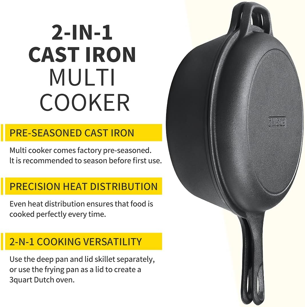 EDGING CASTING - . 2 En 1 Olla de Hierro Fundido, Olla con Tapa Para Sartén con Asas Dobles, Doble Uso Al Aire Libre Sartén Y una Olla Para Sopa, Para Horno, Inducción, Eléctrico, Parrilla, Estufa(3.2QT, 10.5 Inch). - Image 5