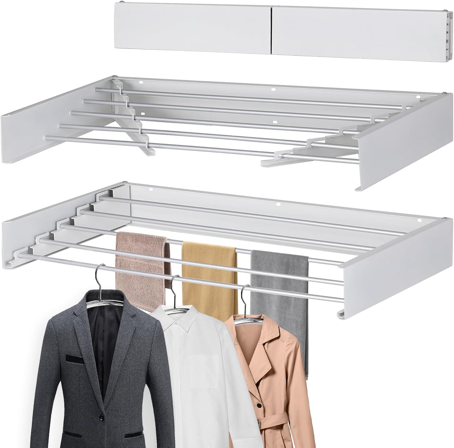 Estante de secado montado en la pared, 31.5 pulgadas de ancho, 13.2 pies lineales, varillas de aluminio 100% ahorro de espacio, estante de secado de ropa con plantilla de pared para organización.