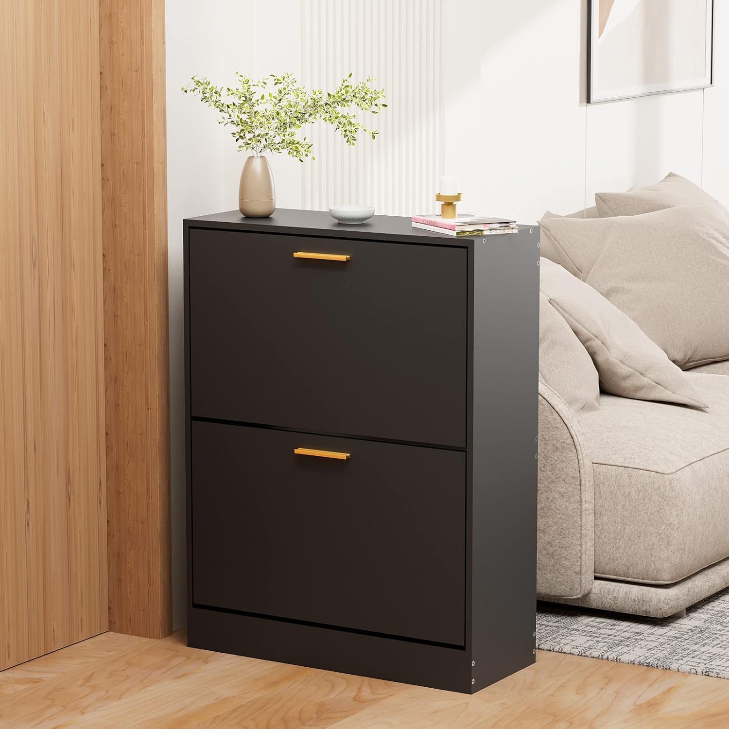 JOZZBY - clóset de almacenamiento para entrada, gabinete organizador de zapatos delgado negro oculto con 2 cajones abatibles, zapatero estrecho de madera con 2 niveles no empotrado para pasillo. - Image 3