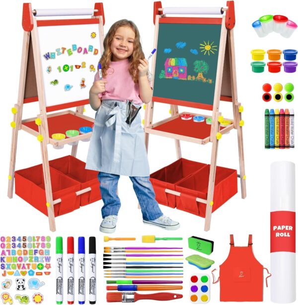 Joyooss. - Caballete de arte para niños, caballete de madera ajustable para pintura, pizarrón blanca magnética de doble cara y pizarrón con rollo de papel para niños de 4 a 8 años, 5 a 7 8 a 12 años.