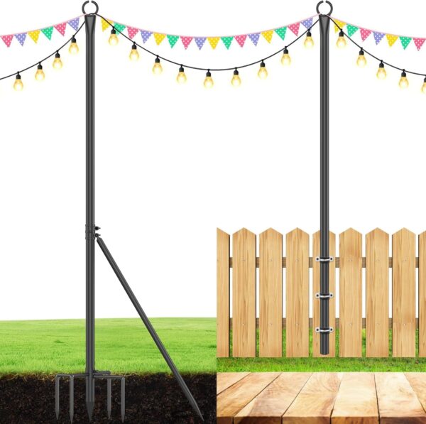 Poste de luz de cadena, postes de luz resistentes para exteriores con soporte lateral y tenedor de 5 puntas, poste de metal para colgar luces para cubierta, valla, patio, jardín.