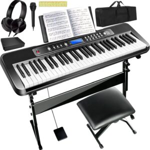AQNIEGEP. Teclado de piano de 61 teclas para principiantes, teclado eléctrico de música de piano de tamaño completo, teclado electrónico con pedales de sostener, auriculares, micrófono, soporte.