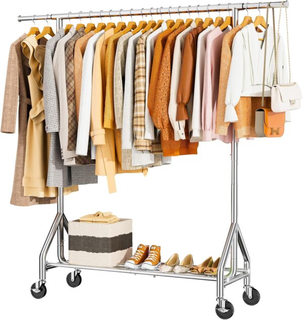 Perchero de ropa resistente de carga de 450 libras, estante de ropa de metal, estante para colgar ropa con ruedas y estantes resistentes, estante portátil para clóset.