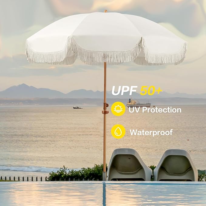 Paraguas De Patio 2.1 Metros Con Flecos Upf50, Madera Y Acer - Image 3