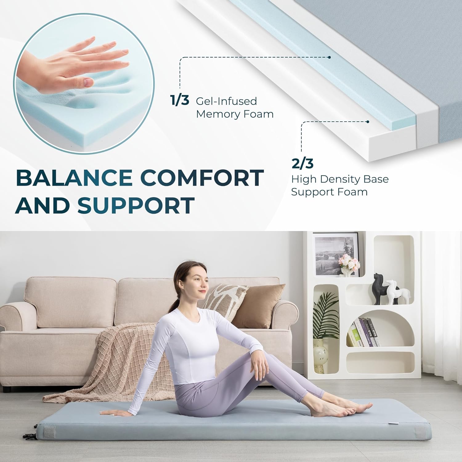 Kingfun. Colchón de espuma viscoelástica para acampar, de 3 pulgadas, portátil, enrollable, colchón, colchón, cuna, cama de invitados, para viajes, coche, camping, con funda impermeable extraíble. - Image 3