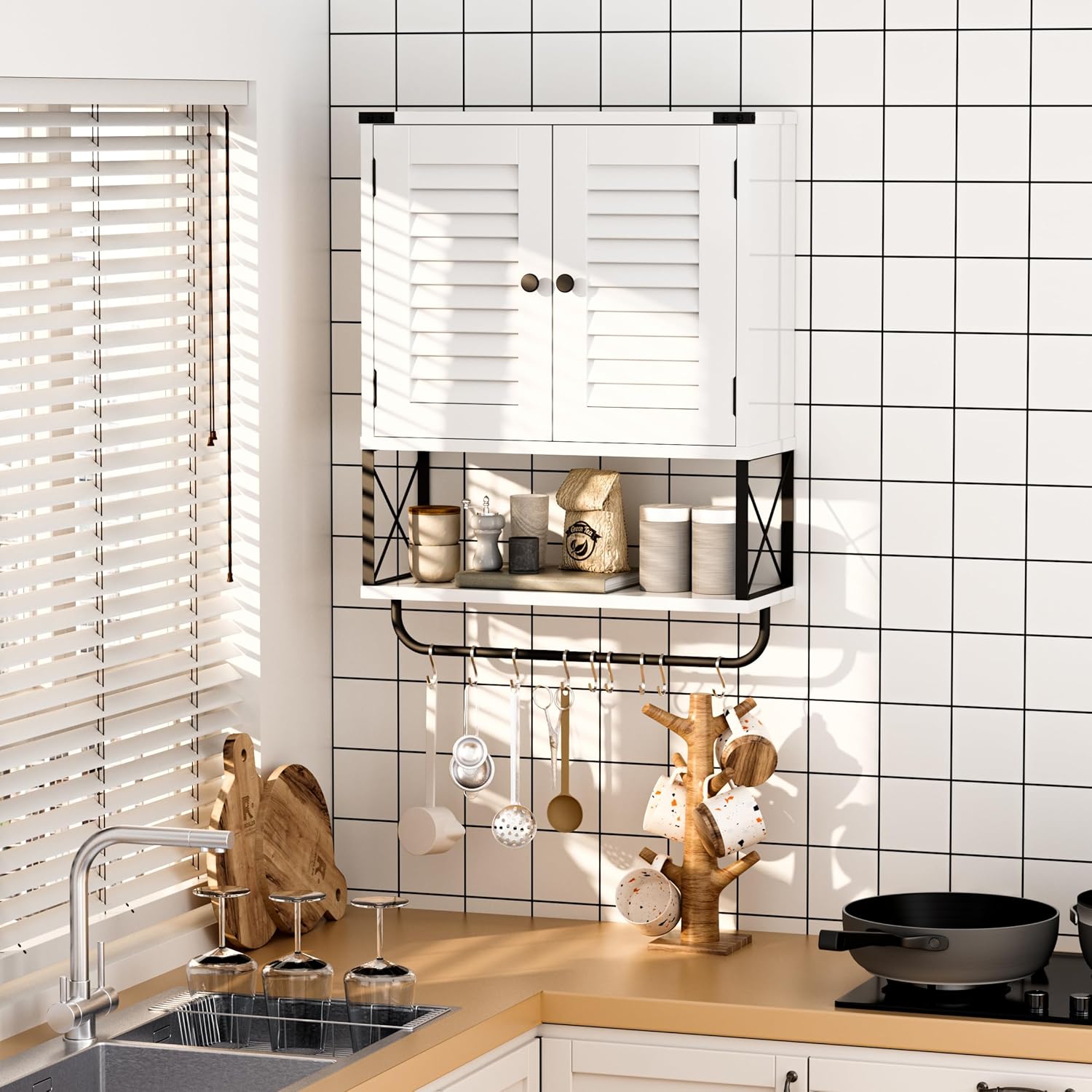 HOKYHOKY - Gabinete de pared para medicinas de baño, gabinetes de almacenamiento colgantes con puertas de persiana, organizador de gabinete de medicinas montado en la pared con barra de toallas. - Image 3