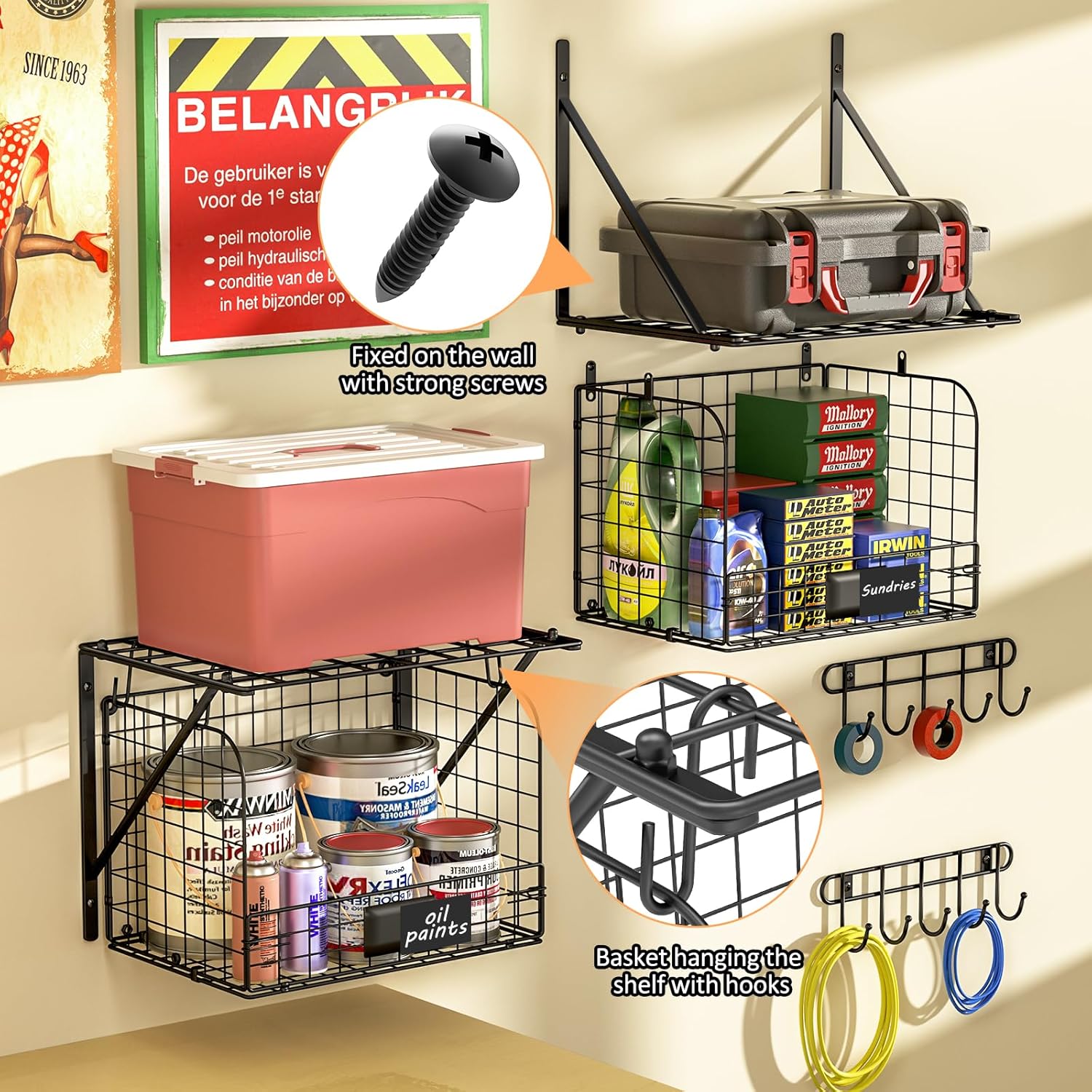 ThreeHio. Paquete de 2 estantes de cochera montados en la pared con cestas de almacenamiento de alambre, estantería de pared de cochera resistente con ganchos, estantes flotantes de madera. - Image 3