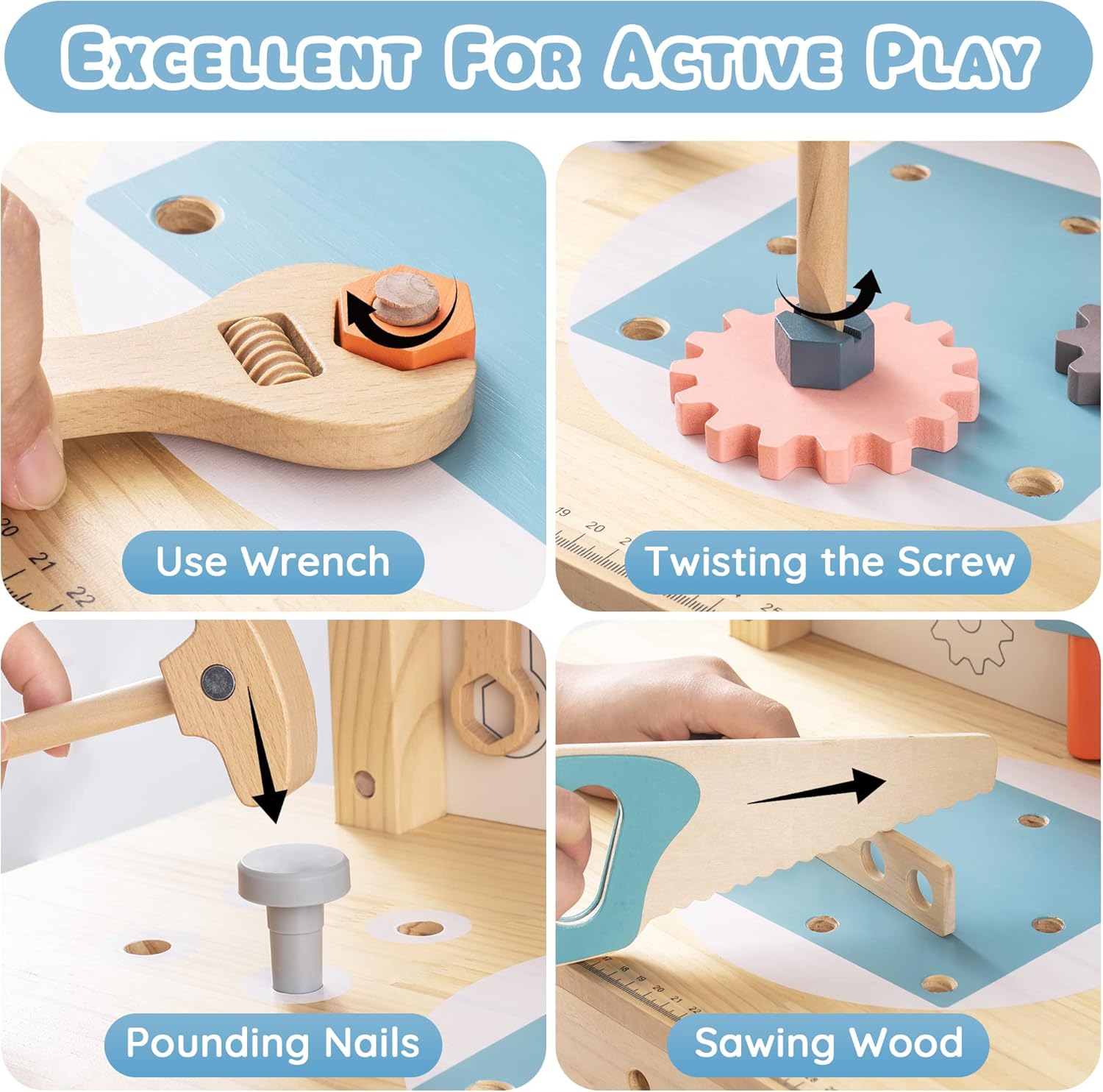 ROBOTIME Juego de banco de herramientas para niños, juguetes de construcción de banco de trabajo de madera grande, taller con juguetes para niños (41 piezas) para niños y niñas de 3, 4, 5, 6, 7 años - Image 4