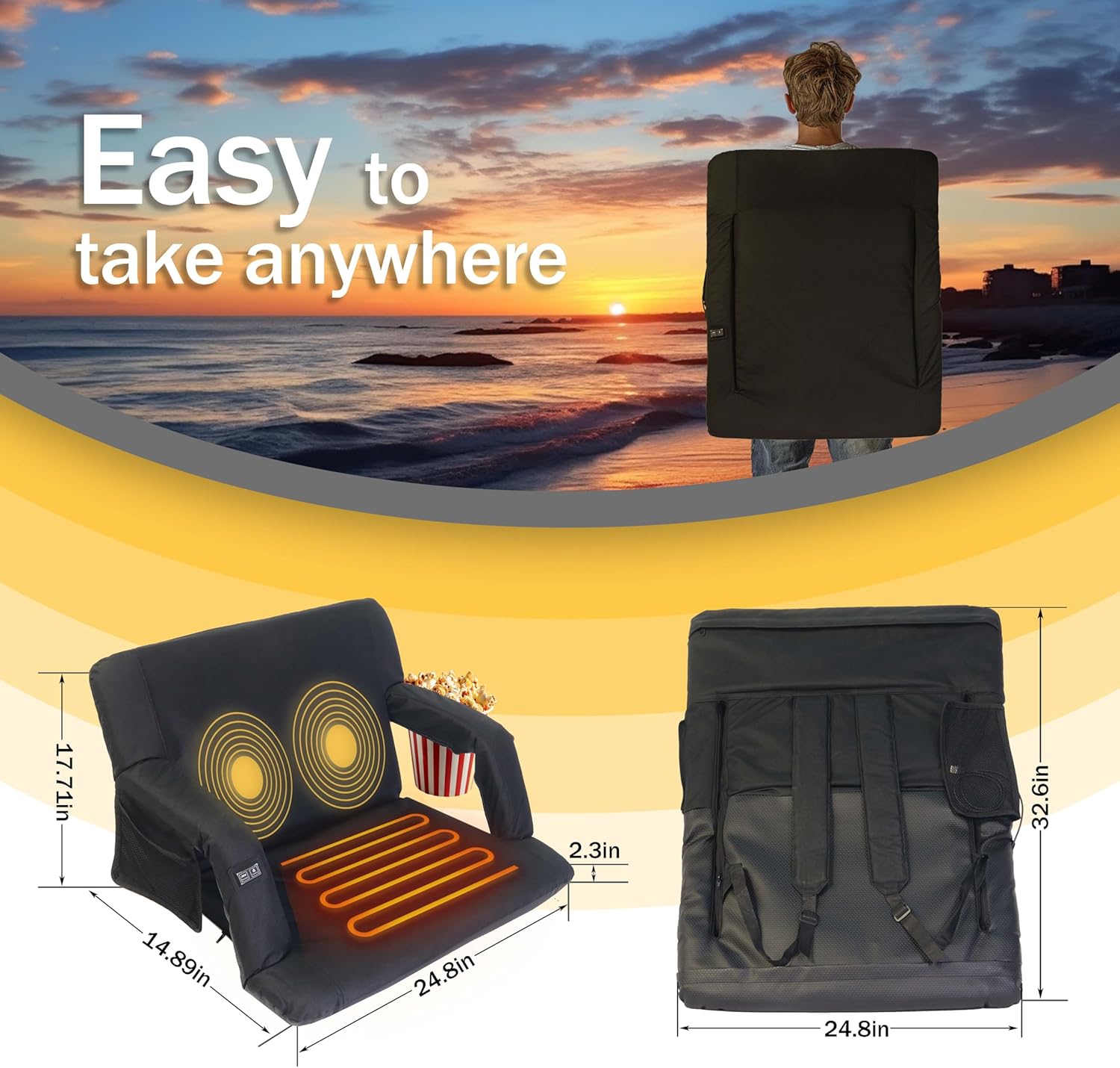 Asiento de estadio de masaje con calefacción, calefacción de 3 niveles y silla blanqueadora de 25 pulgadas, asiento plegable portátil con fuente de alimentación móvil de 10.000 mAh para estadios - Image 2