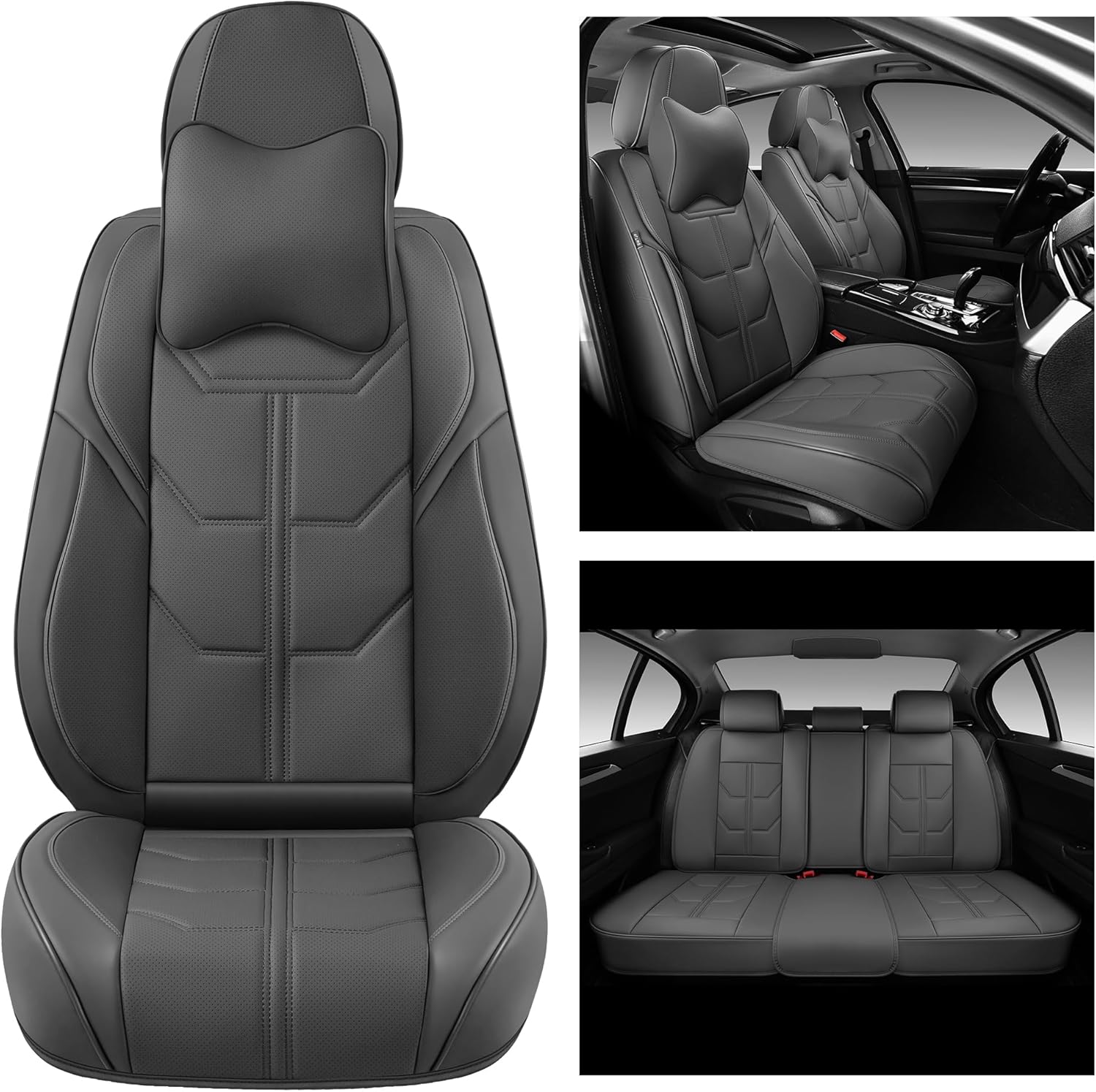 BWTJF - Juego completo de fundas de asiento de coche color gris, fundas universales para asientos delanteros y traseros para coches, protectores de asiento de automóvil impermeables con almohada para la cabeza, cojines de asiento de automóvil para la mayoría de sedanes, SUV, camionetas. - Image 2