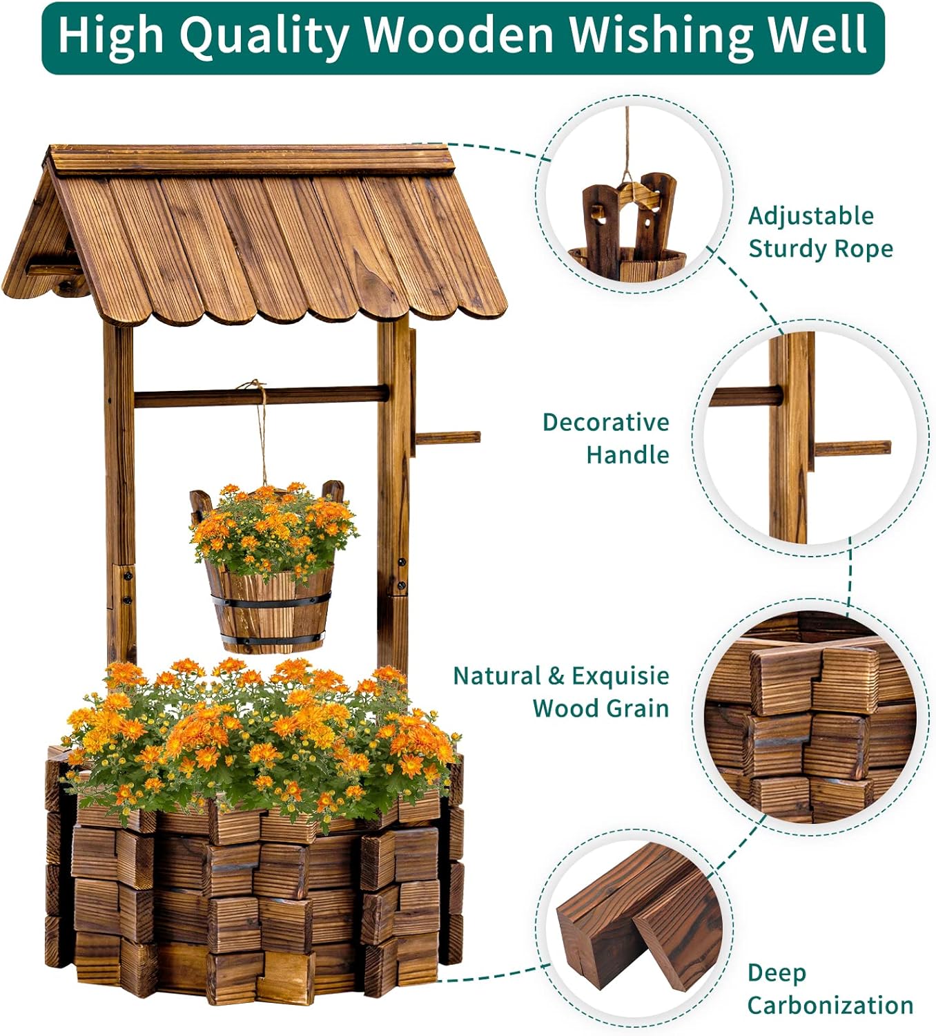 UDPATIO - Macetero rústico de madera maciza de abeto para plantas al aire última intervensión, 16.5 pulgadas de diámetro. - Image 2