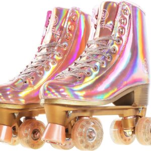 Patines JajaHoho para mujer, de piel sintética de caña alta holográfica, brillantes, de doble fila y cuatro ruedas, para niñas de 8 a 50 años, para interiores, color rosa y dorado.