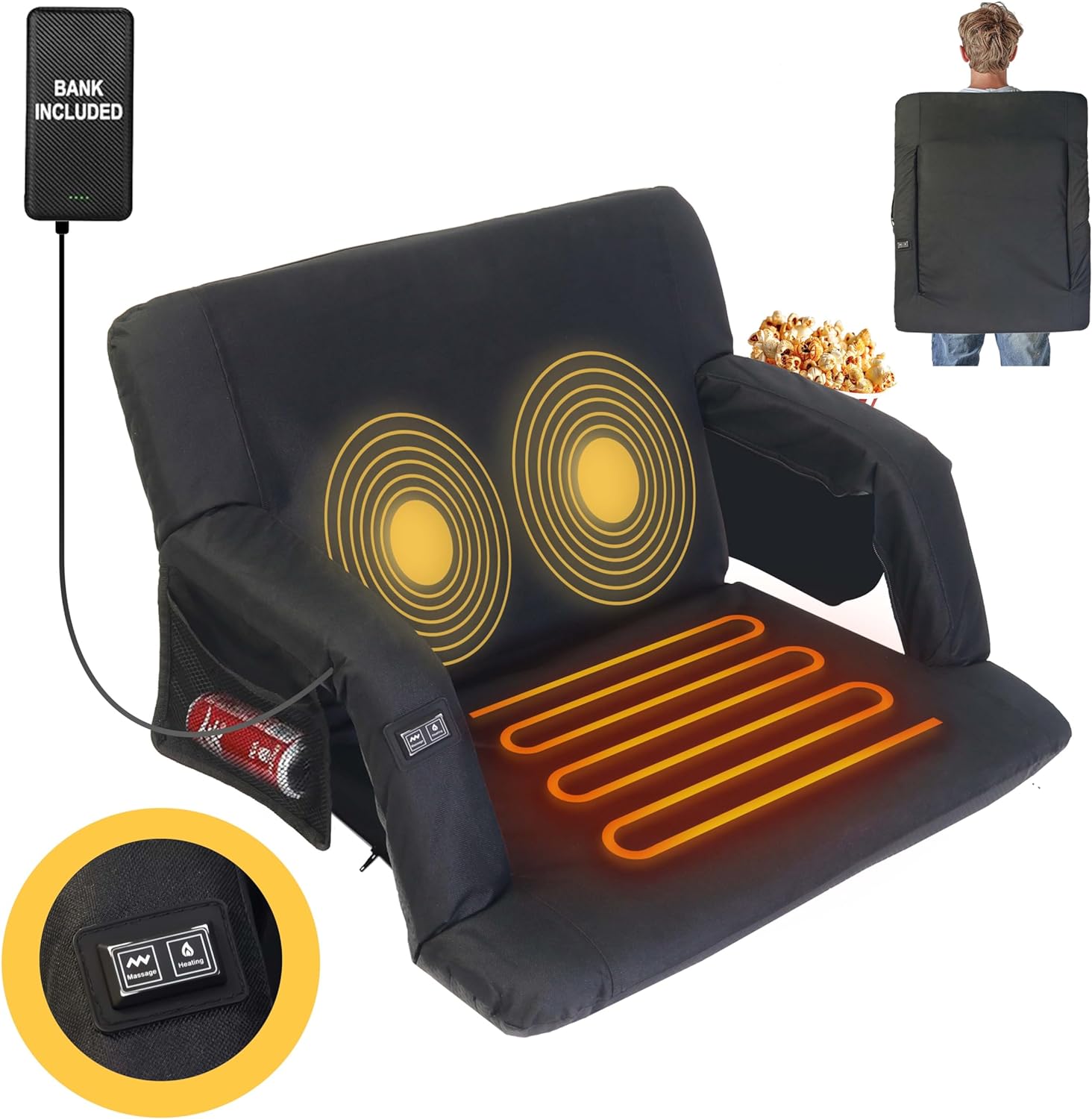 Asiento de estadio de masaje con calefacción, calefacción de 3 niveles y silla blanqueadora de 25 pulgadas, asiento plegable portátil con fuente de alimentación móvil de 10.000 mAh para estadios