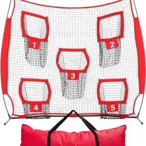 YOMYM Práctica de Entrenamiento de Fútbol, con 5 Bolsillos, Red de Lanzamiento para Entrenador de Fútbol 250 X 246CM, Equipo de Entrenamiento de Mariscal de Campo,con Bolsa de Transporte, Rojo.