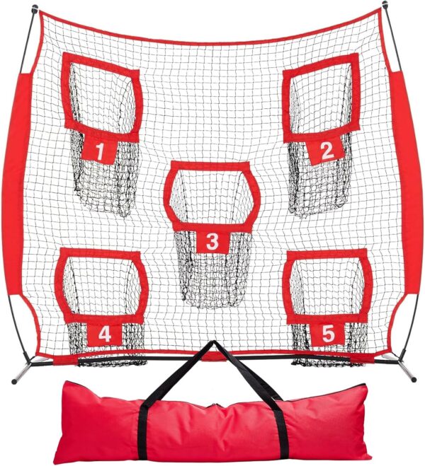 YOMYM Práctica de Entrenamiento de Fútbol, con 5 Bolsillos, Red de Lanzamiento para Entrenador de Fútbol 250 X 246CM, Equipo de Entrenamiento de Mariscal de Campo,con Bolsa de Transporte, Rojo.