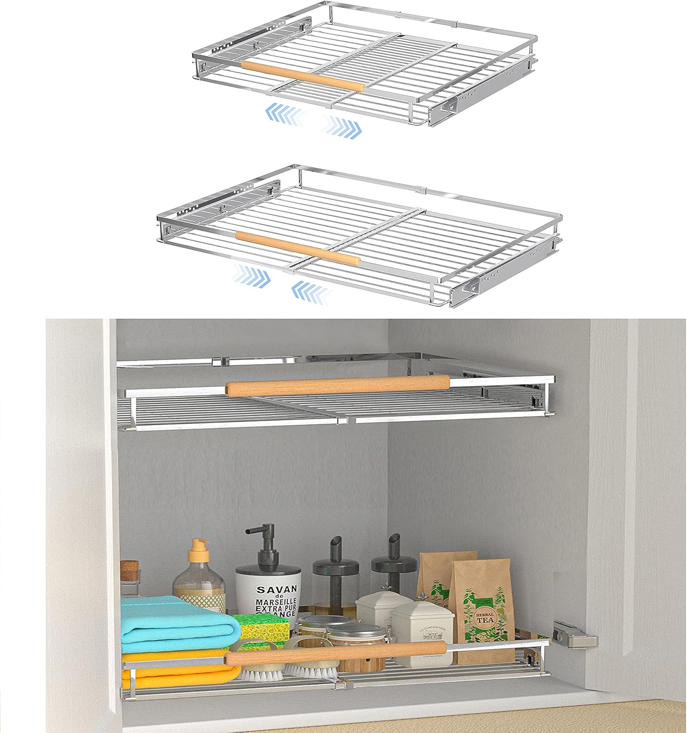 LOCVCDA. Paquete de 2 cajones extensibles para gabinetes de cocina, estantes extraíbles para gabinetes de alta resistencia, 16.3 ~ 26.3 pulgadas de ancho x 17 pulgadas de profundidad, organizador de gabinete.