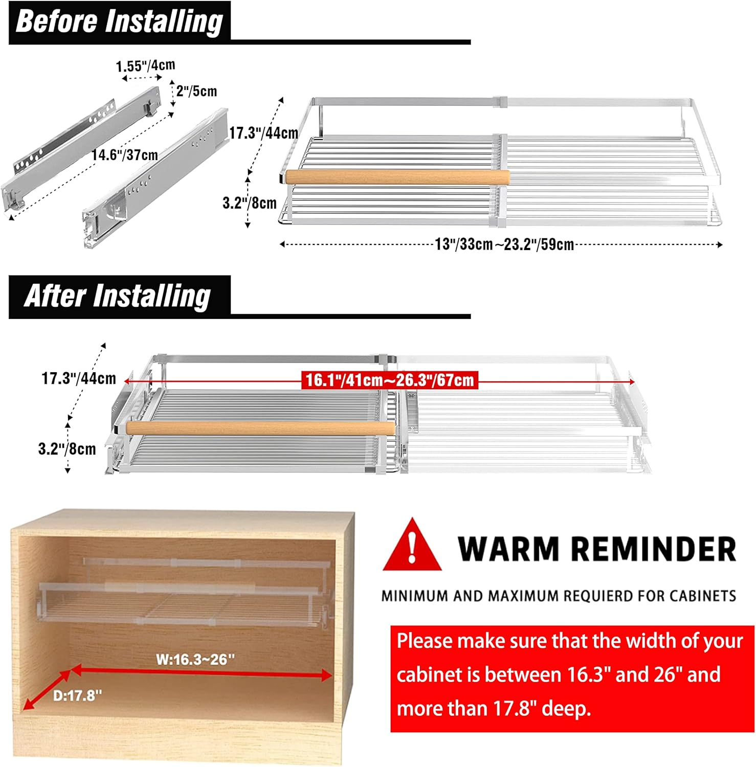 LOCVCDA. Paquete de 2 cajones extensibles para gabinetes de cocina, estantes extraíbles para gabinetes de alta resistencia, 16.3 ~ 26.3 pulgadas de ancho x 17 pulgadas de profundidad, organizador de gabinete. - Image 2