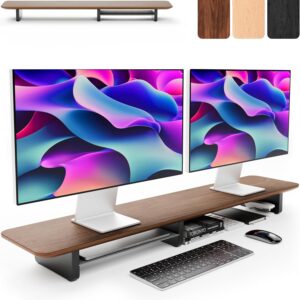 KIVY - Elevador de monitor dual con estante de metal integrado - Estante de escritorio de madera para la parte superior del escritorio - Soporte de monitor de madera para escritorio 2 monitores