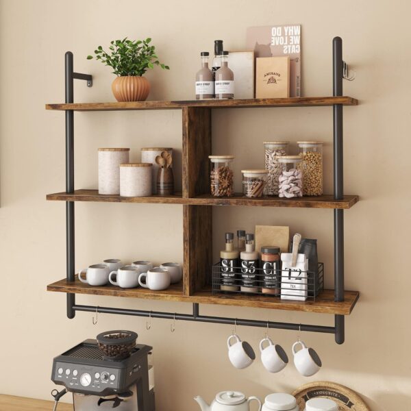 Estantería flotante para cocina, montaje en la pared, 3 niveles de 41.5 pulgadas, escalera, estante de café para colgar con tubo circular, estante de almacenamiento para sala de estar.