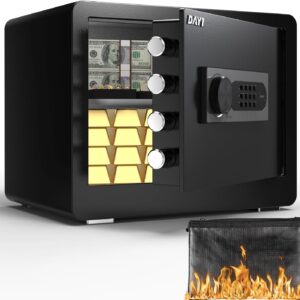 DAYI - Caja de seguridad de 1.4 pies cúbicos con bolsa impermeable a prueba de fuego, caja de seguridad para dinero en efectivo, teclado electrónico digital, sistema de alarma doble, estante extraíble.