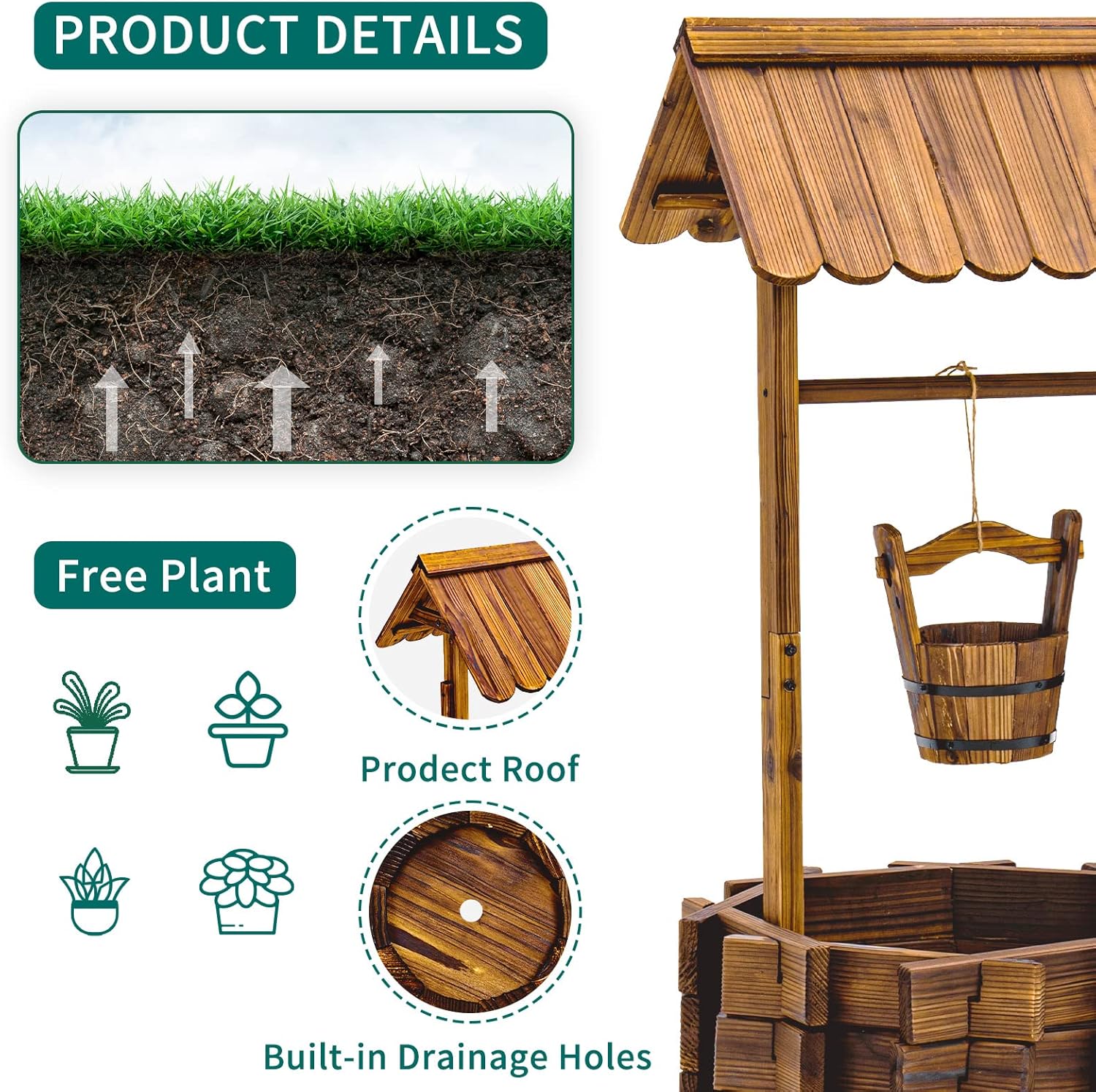 UDPATIO - Macetero rústico de madera maciza de abeto para plantas al aire última intervensión, 16.5 pulgadas de diámetro. - Image 3