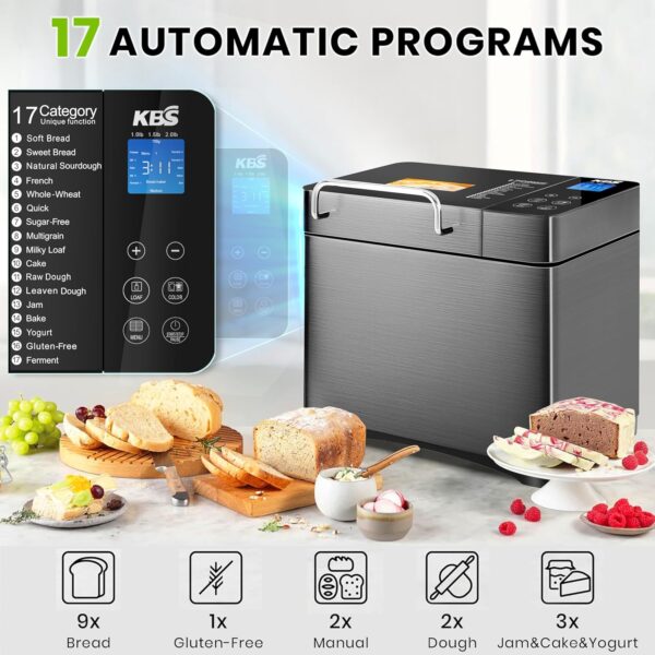 KBS Máquina de pan 17 en 1, calentadores duales, máquina de acero inoxidable de 710 W con sin gluten, máquina de masa, mermelada, yogur PROG, dispensador automático de tuercas, sartén de cerámica. - Image 4